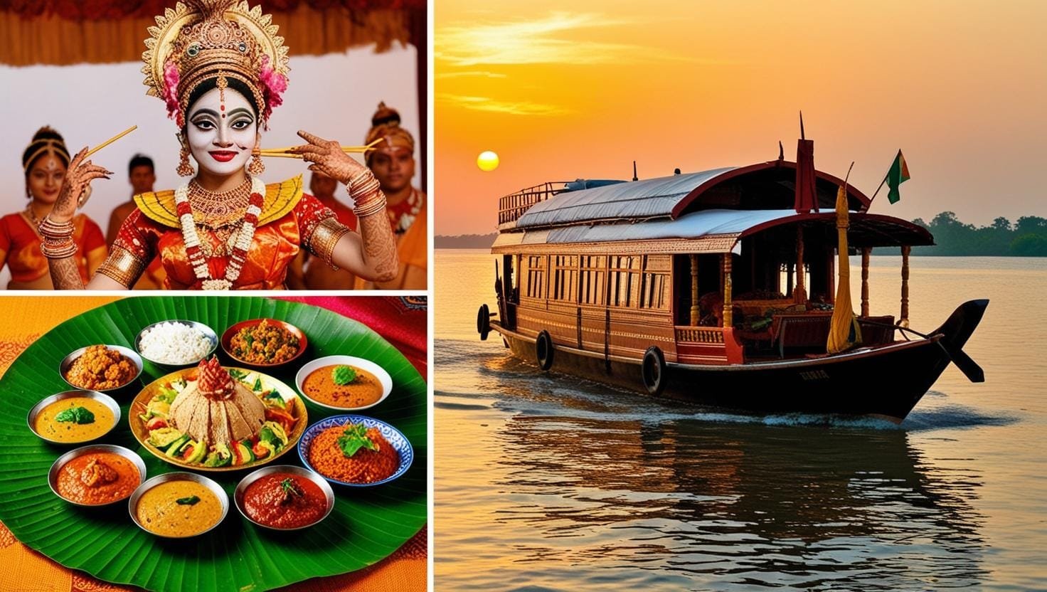 Kerala backwaters with traditional boat and Kathakali artist