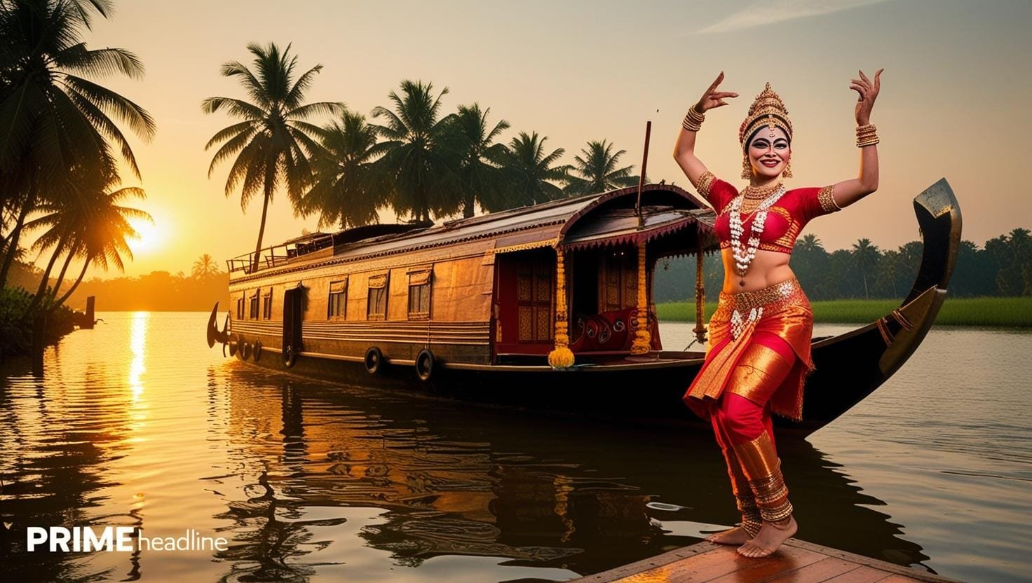 A-traditional-boat-floating-in-Kerala-backwaters-at-sunset-surrounded