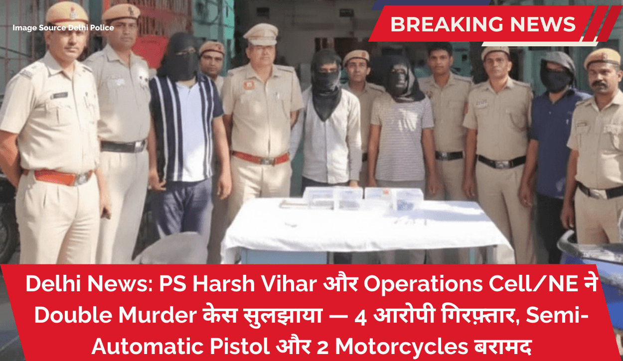 Delhi News: PS Harsh Vihar और Operations Cell/NE ने Double Murder केस सुलझाया — 4 आरोपी गिरफ़्तार, Semi-Automatic Pistol और 2 Motorcycles बरामद