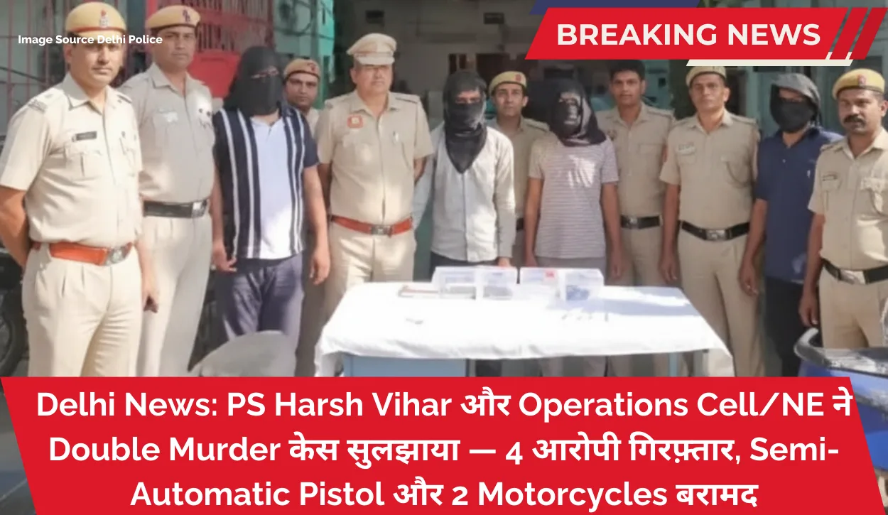Delhi News PS Harsh Vihar और Operations CellNE ने Double Murder केस सुलझाया — 4 आरोपी गिरफ़्तार, Semi-Automatic Pistol और 2 Motorcycles बरामद Delhi News: PS Harsh Vihar और Operations Cell/NE ने Double Murder केस सुलझाया — 4 आरोपी गिरफ़्तार, Semi-Automatic Pistol और 2 Motorcycles बरामद
